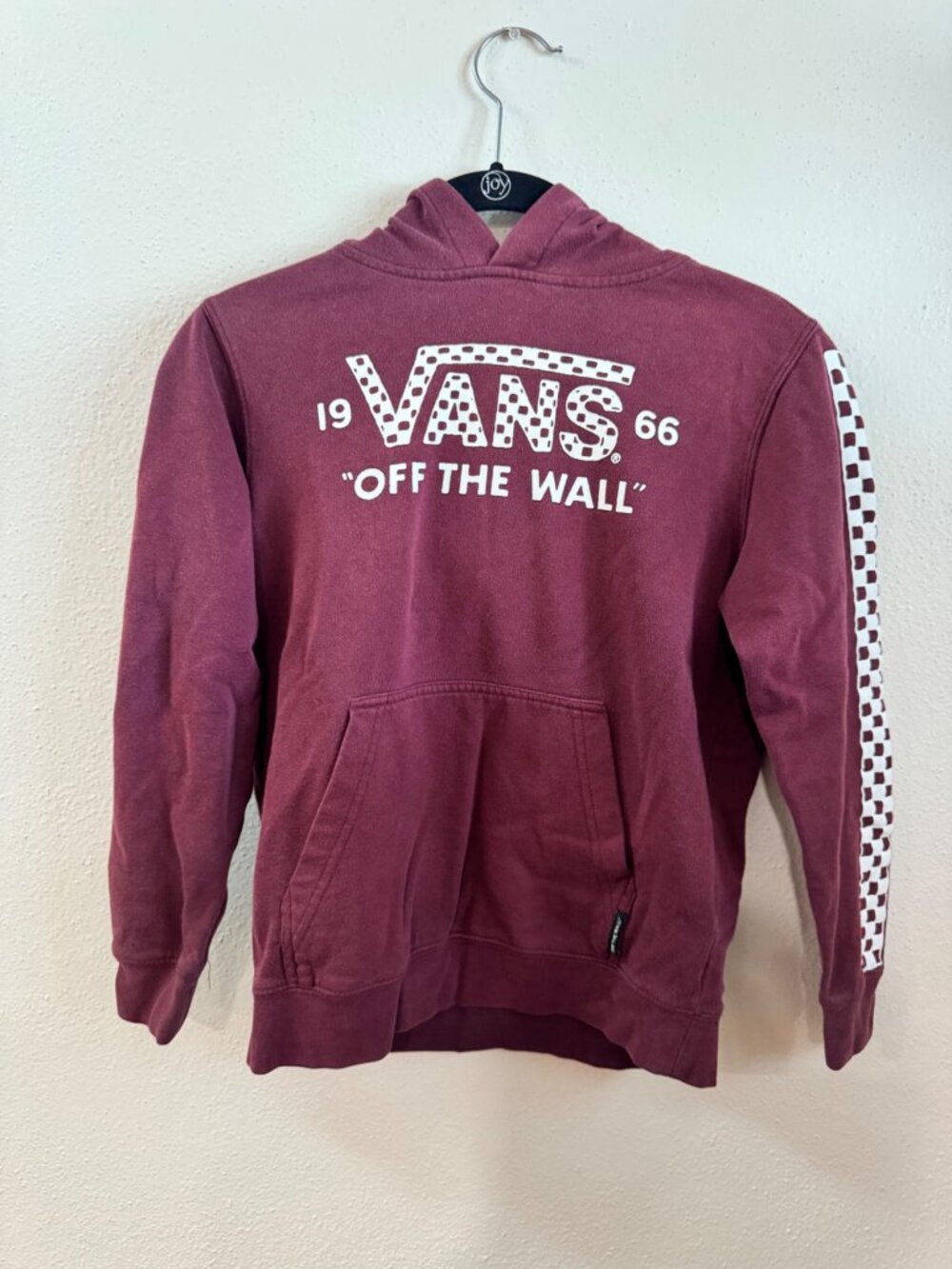Vans Off The Wall Burgundy Pullover Hoodie Checkerboard Sleeve Logo Size Small